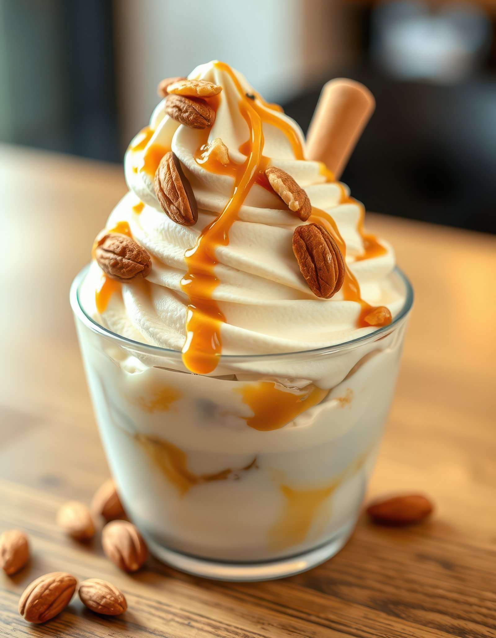 Delicious creamy dessert with caramel and nuts in a glass on a wooden table